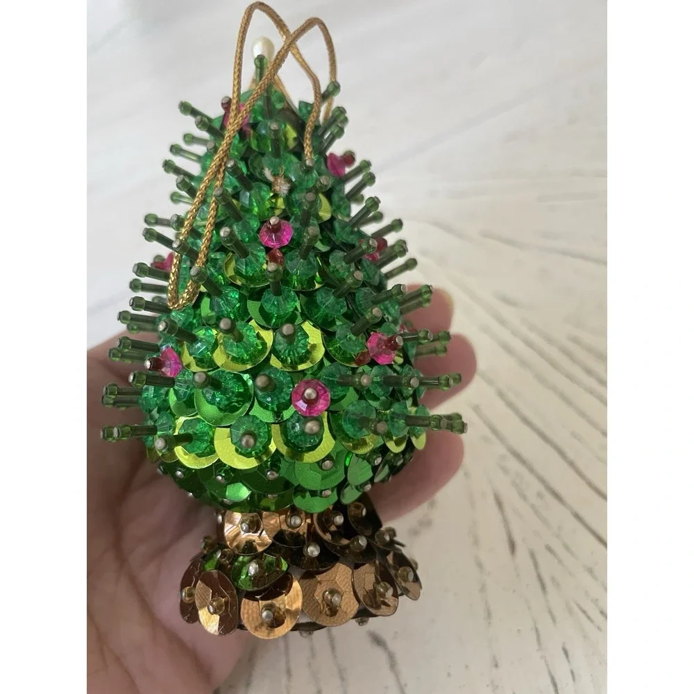 Vtg Holiday Handmade Beaded Sequined Christmas Ornaments Set  4 Tree Bells Ball